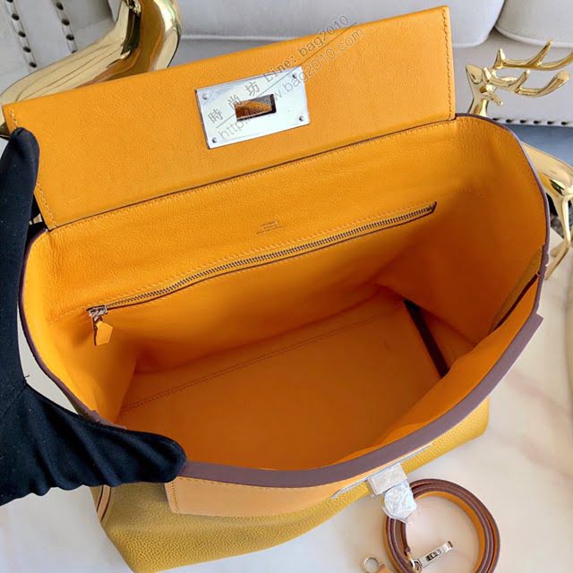 Hermes包包 愛馬仕Hermes Kelly2424 琥珀黃 銀扣 togo小牛皮 半手工制 Hermes休閒女款手提包  am1930